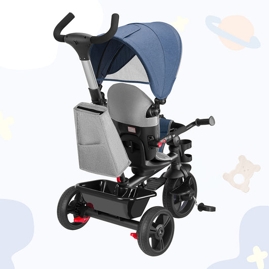 Triciclo per Bambini 5in1 Cappottina Pedali e Manico Antiscivolo Ergonomico Blu