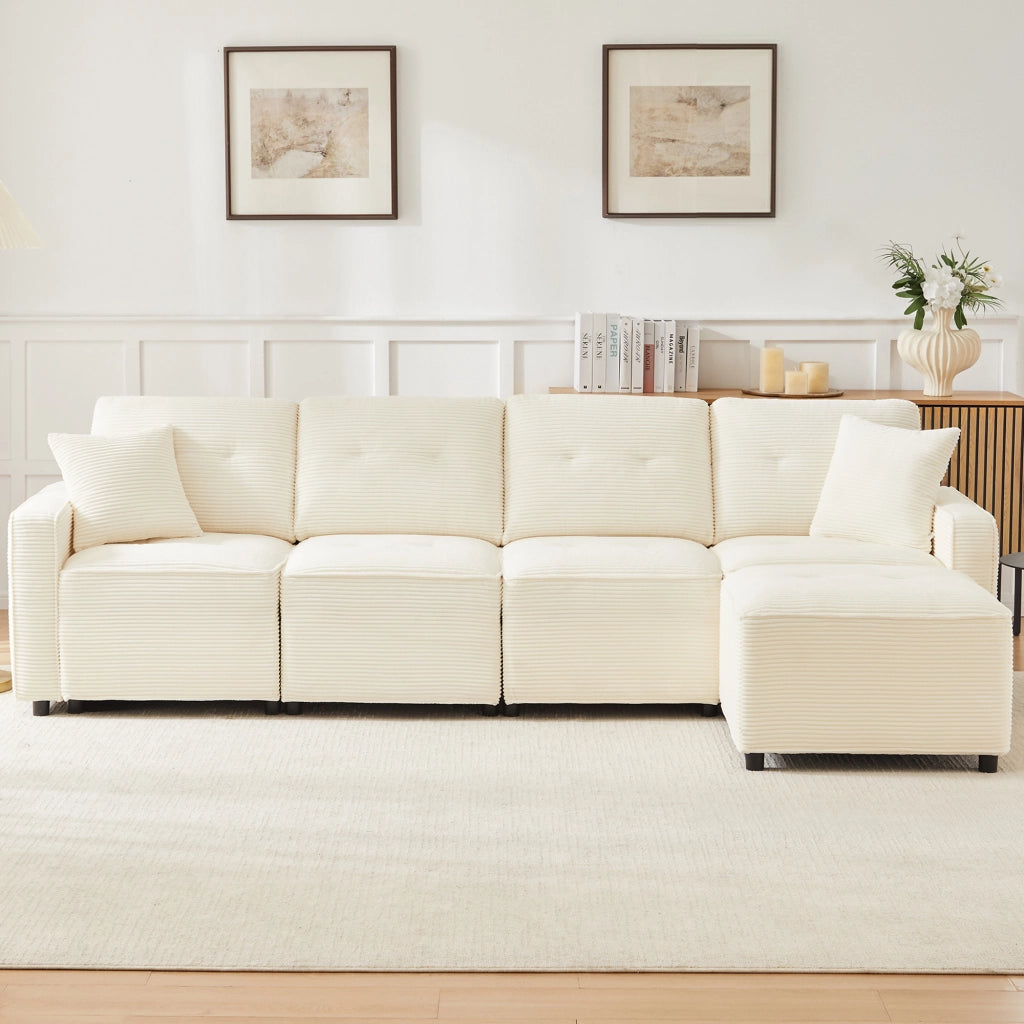Divano dritto 4 posti con contenitore e pouf modulare, in velluto a coste, Beige, 280 × 146 × 85 cm