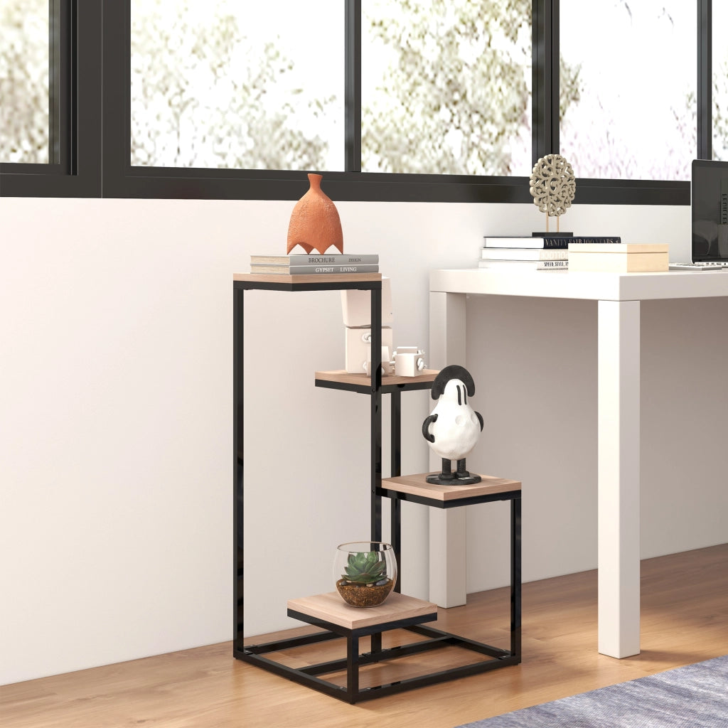 Scaffale per Piante a 4 Livelli in Acciaio e Legno, 40x40x75.5 cm, Marrone e Nero
