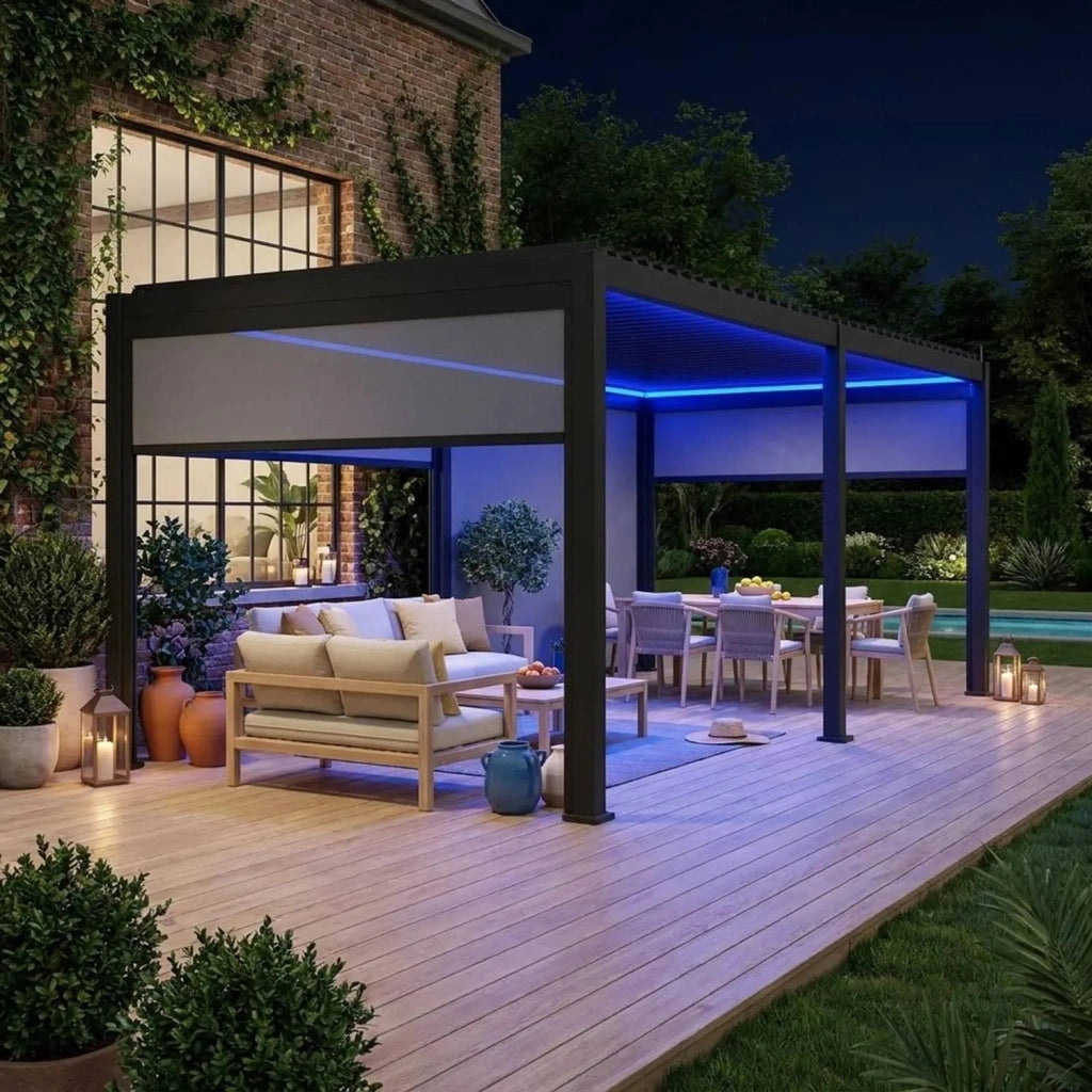 Pergola bioclimatica 3x6m elettrica in alluminio con led + 4 tende 3m,
