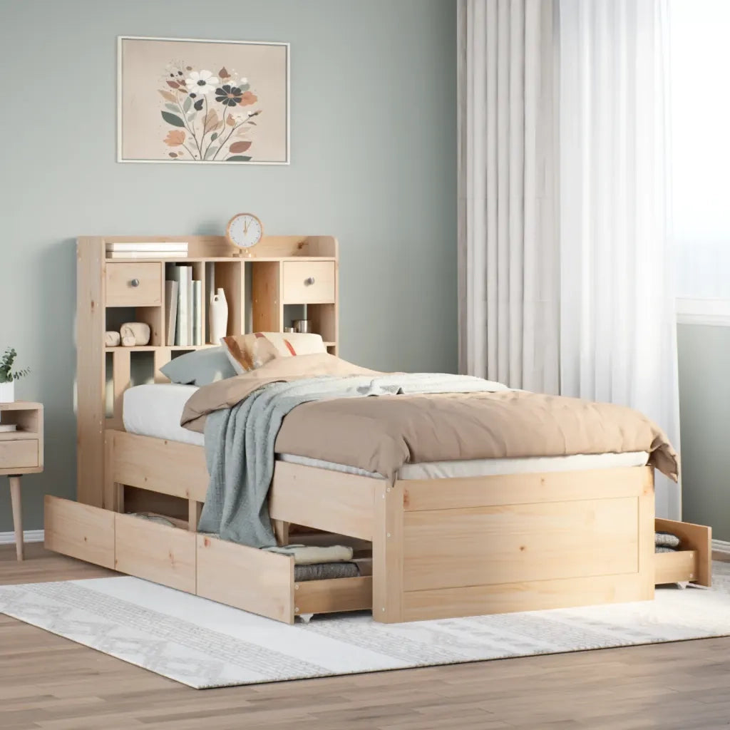 Letto singolo | Letto per adulti | Giroletto con Libreria senza Materasso 75x190 cm in Legno Pino