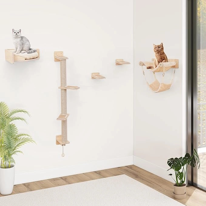 Mensole da Parete per Gatti, Set di Mobili con 2 Amache, Letto, Scalini, Pali Tiragraffi in Juta, Cuscini di Peluche, Arrampicatore in Legno per Gatti da Interno (Modello 1)