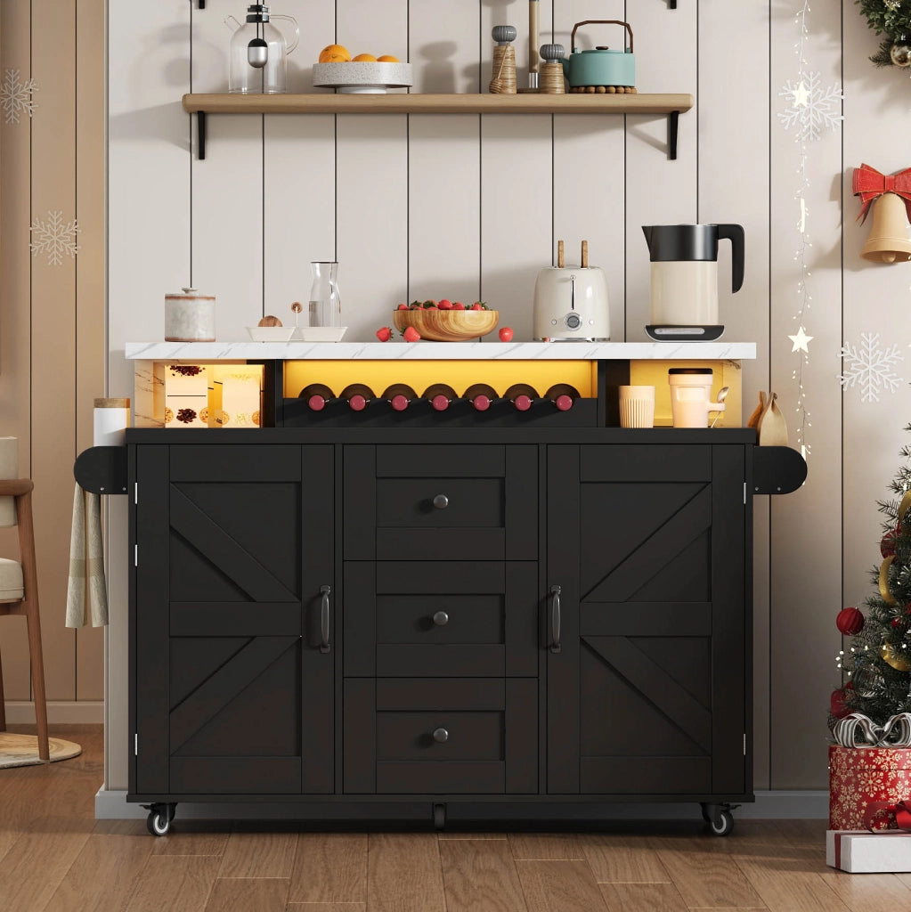 Isola cucina con piano ribaltabile 138x60x93 cm in MDF nero; LED RGB; 2 porte e 3 cassetti