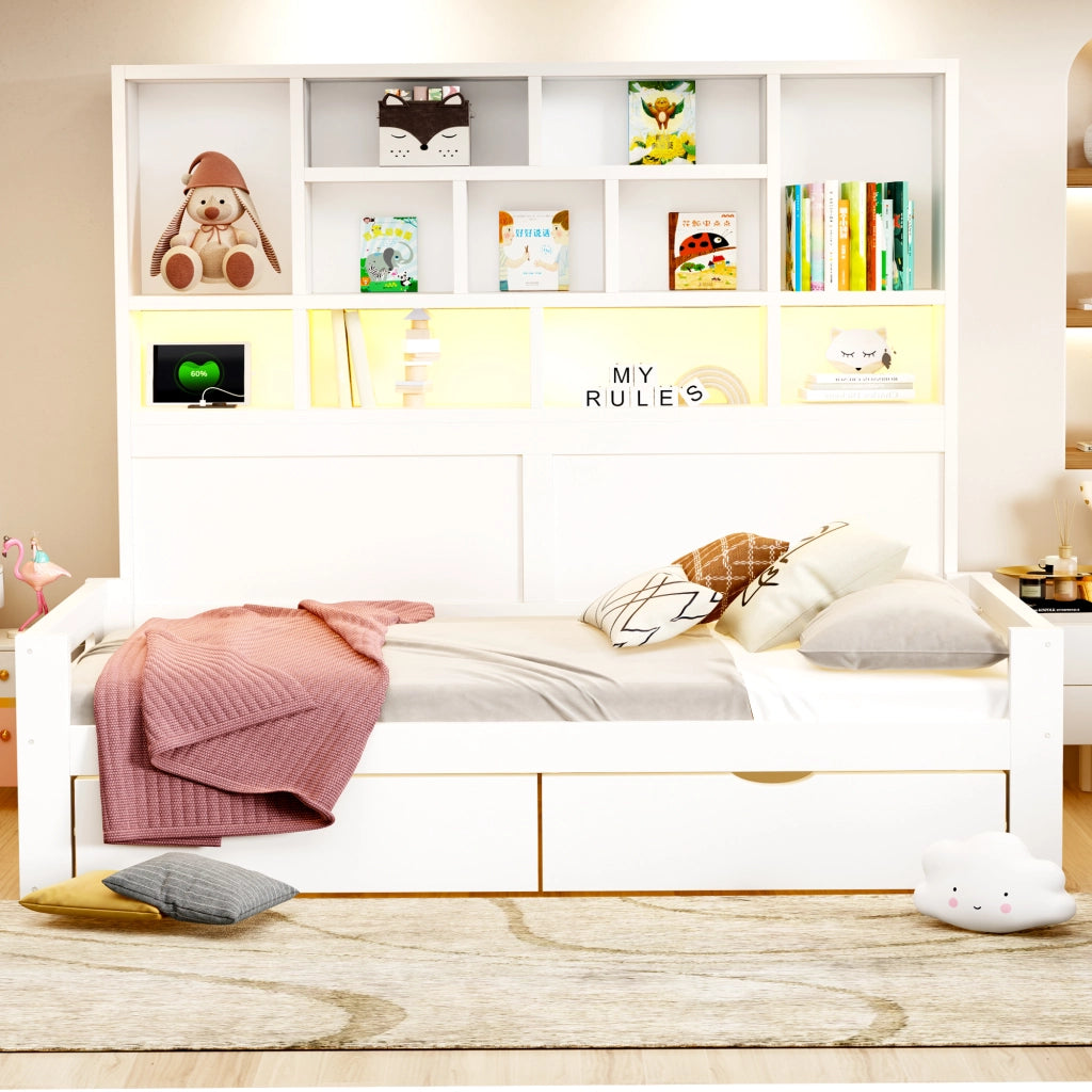Letto singolo multifunzione 90x200 cm con armadio aperto; cassetti; LED; USB e vani portaoggetti; legno bianco