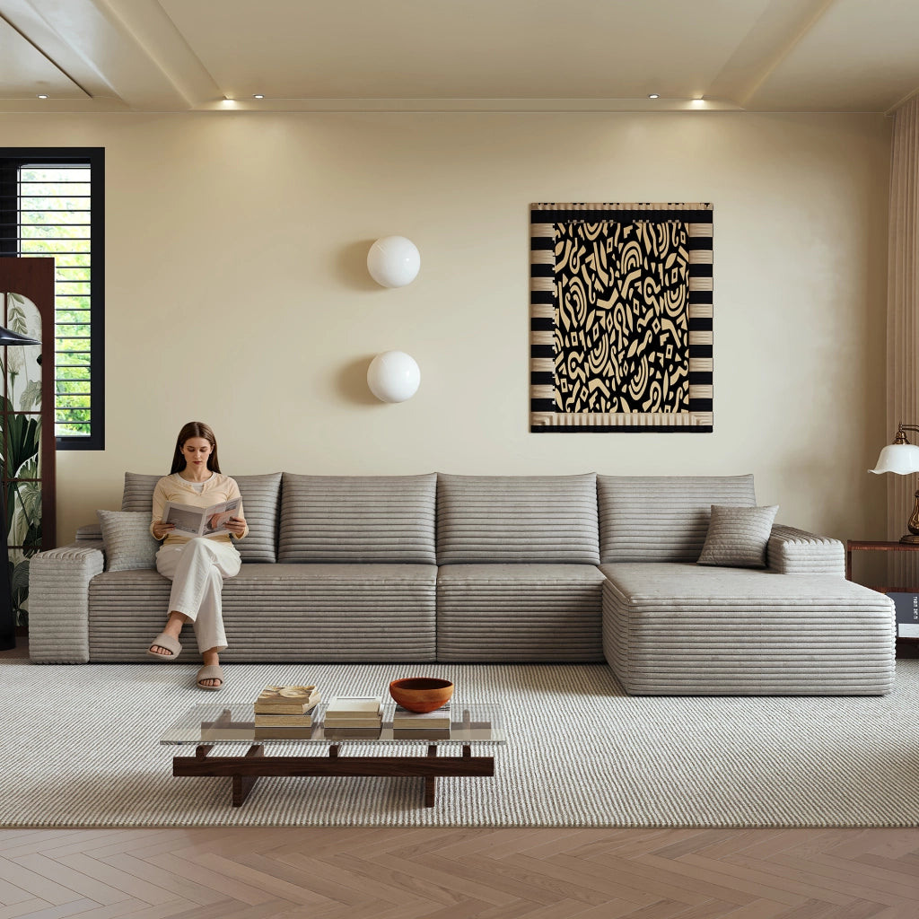 Divano angolare modulare senza montaggio con schiuma ad alta elasticità e tessuto a coste, camel 270 × 175 × 83 cm