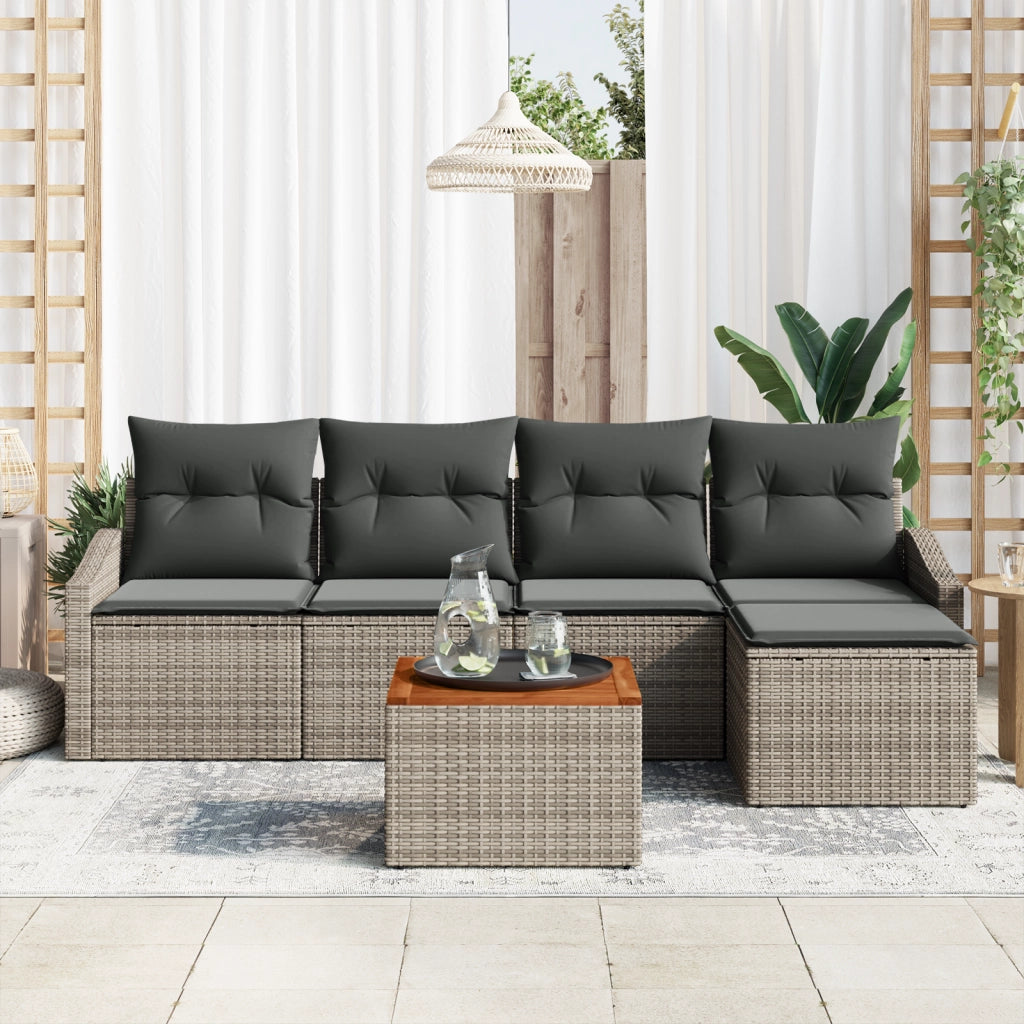 Set Divano da Giardino da 6 Pezzi con Cuscini Grigio Polirattan Acacia