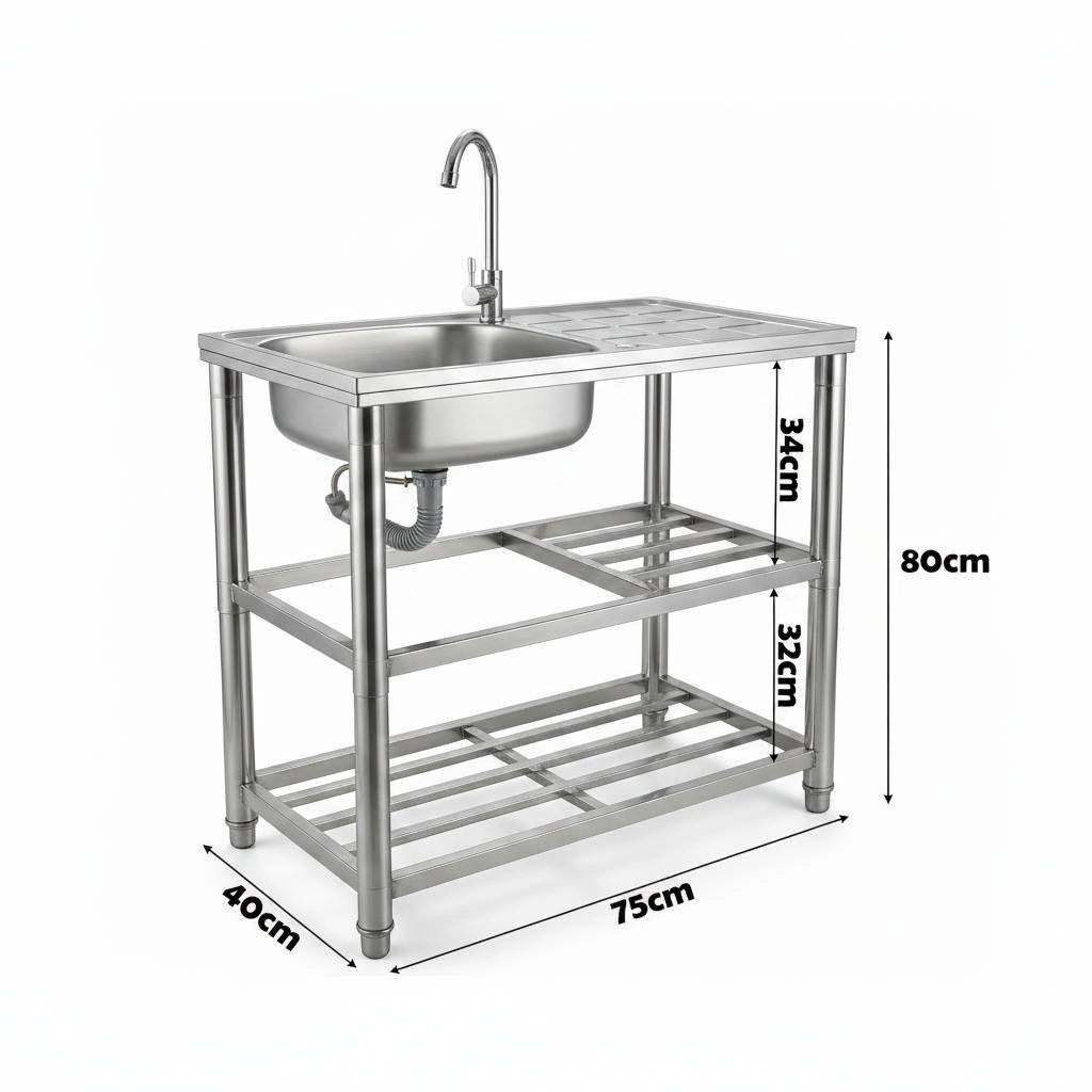 Lavandino in Acciaio Inox Autoportante con Rubinetto e 2 Ripiani – Lavello 1 Vasca con Gocciolatoio Reversibile da Cuc