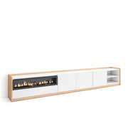 Mobile TV Soggiorno, 310x50x37 cm, Per TV fino a 80", Camino elettrico, Bianco e Rovere soft