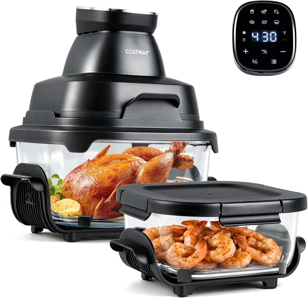 4 L Friggitrice ad Aria Portatile 1500 W, Friggitrice Elettrica con 2 Griglie, 2 Contenitori Vetro con Coperchio, Forno ad Aria Calda con Display Touch, Temperatura Regolabile (Nero)