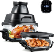 4 L Friggitrice ad Aria Portatile 1500 W, Friggitrice Elettrica con 2 Griglie, 2 Contenitori Vetro con Coperchio, Forno ad Aria Calda con Display Touch, Temperatura Regolabile (Nero)