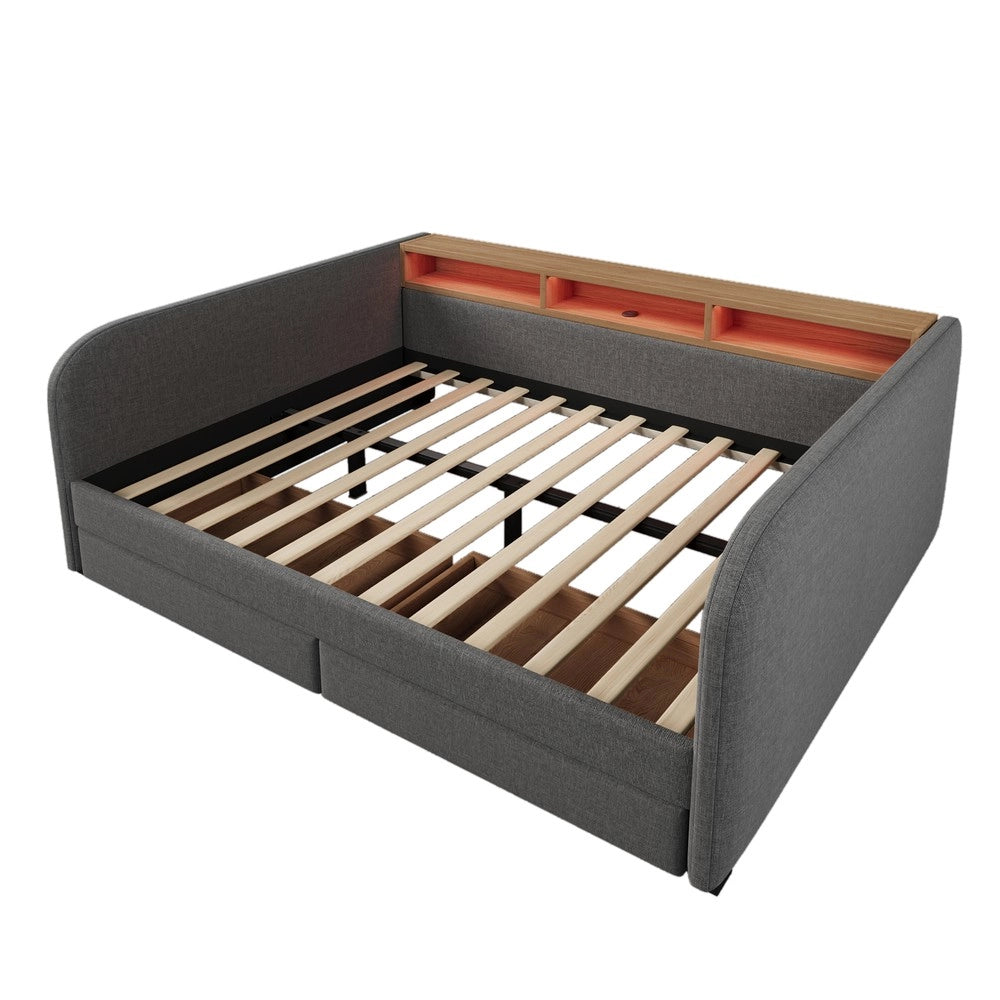 Letto Imbottito con Contenitore ¨C MINIMAL ¨C Grigio, LED, USB, 140x190, Tessuto, 2 Cassetti