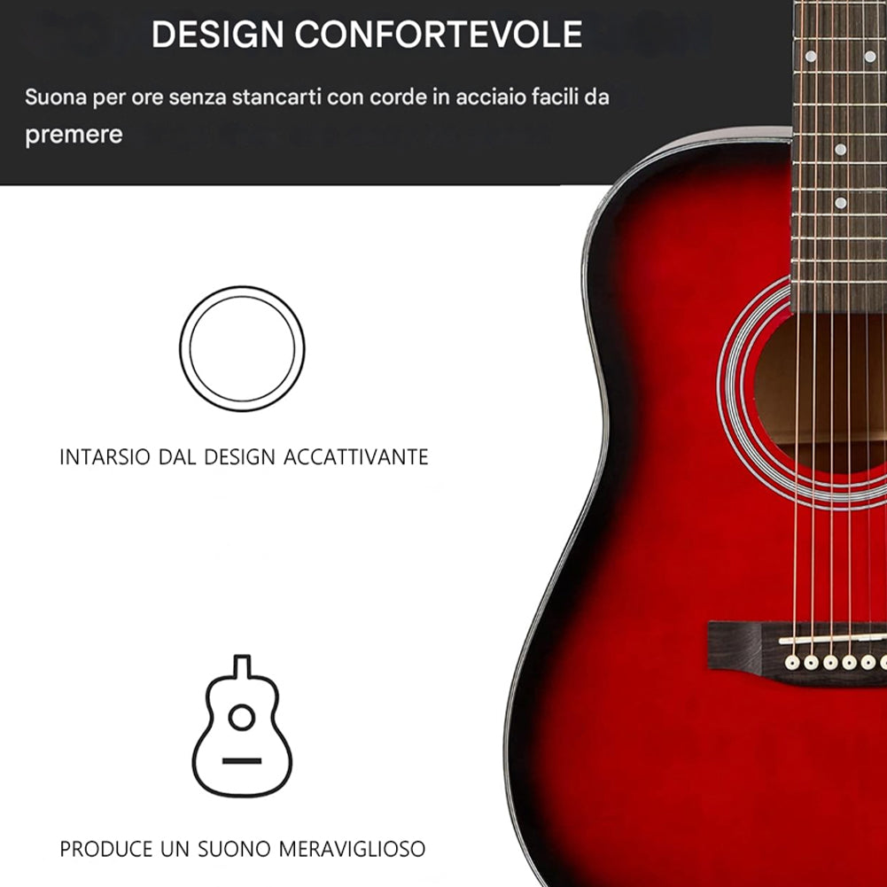 Chitarra Acustica Elettrica Slim 41" Redburst Kit Corde Plettro Tracolla e Cavo