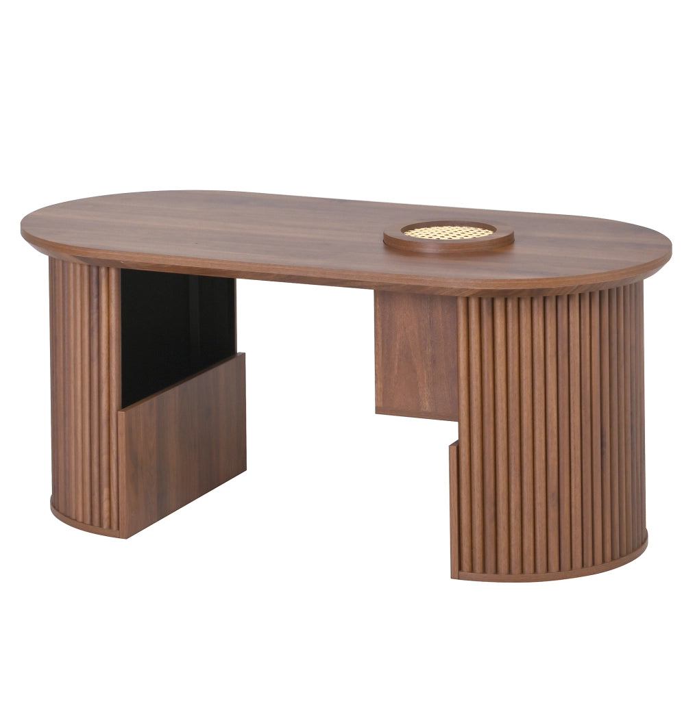 Tavolino da caff¨¨ ovale 105x50x46,5 cm con vani in MDF color noce