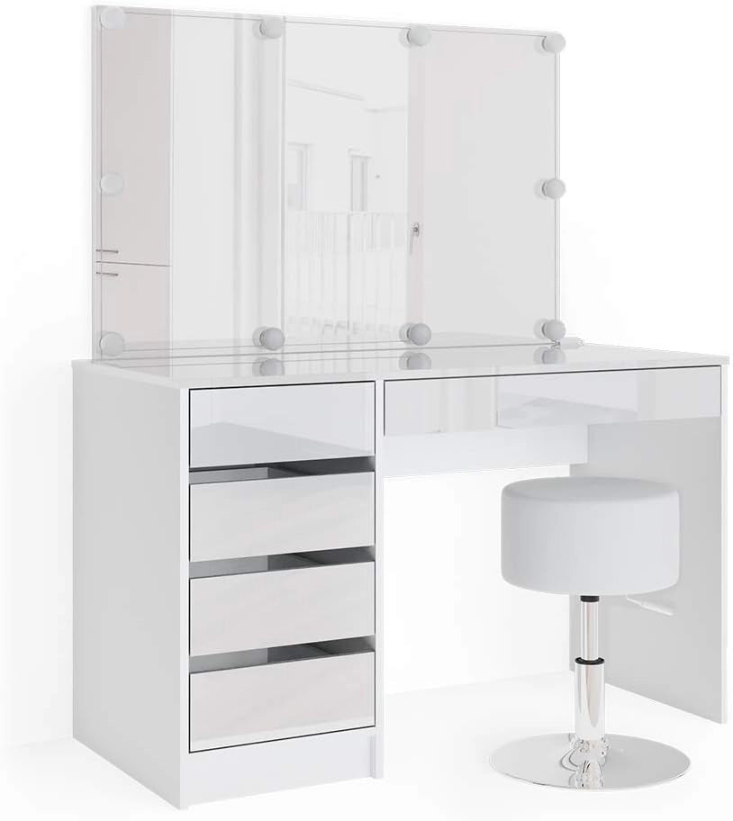 Vicco Tavolo da toeletta Sherry, Bianco, 120 cm con illuminazione LED e sgabello, adatto per l’uso quotidiano con telaio stabile