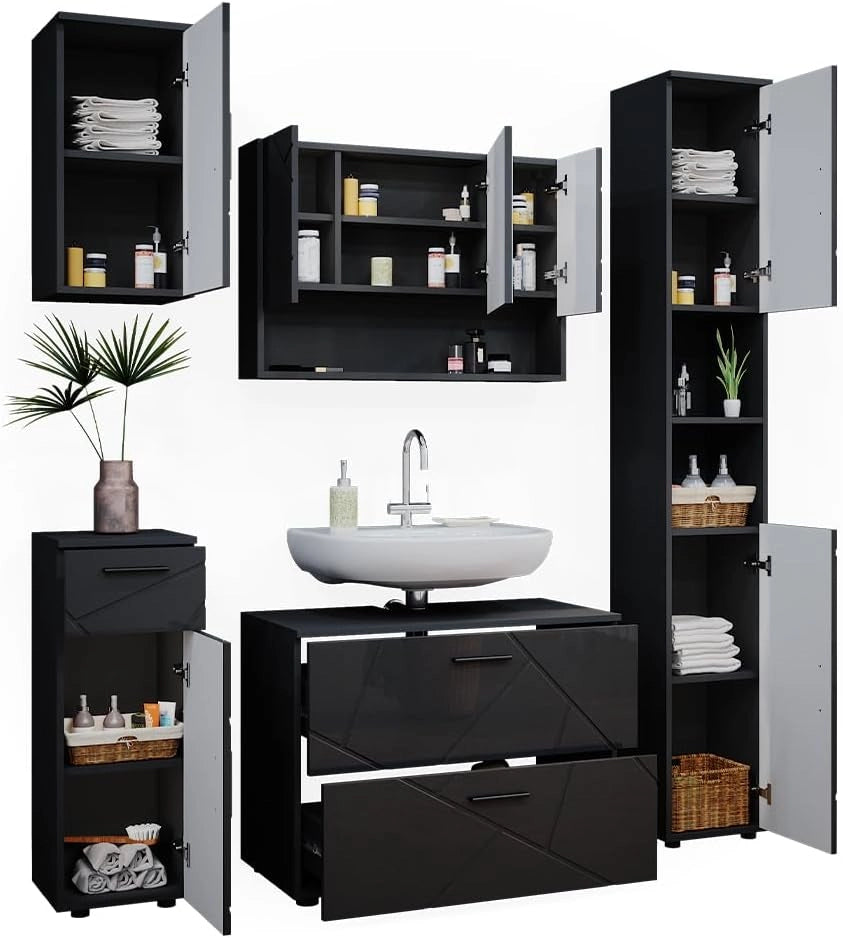 Set mobili bagno Irma, Antracite lucido, 80 cm, composto da mobile sottolavabo, specchiera, colonna, base media e pensile