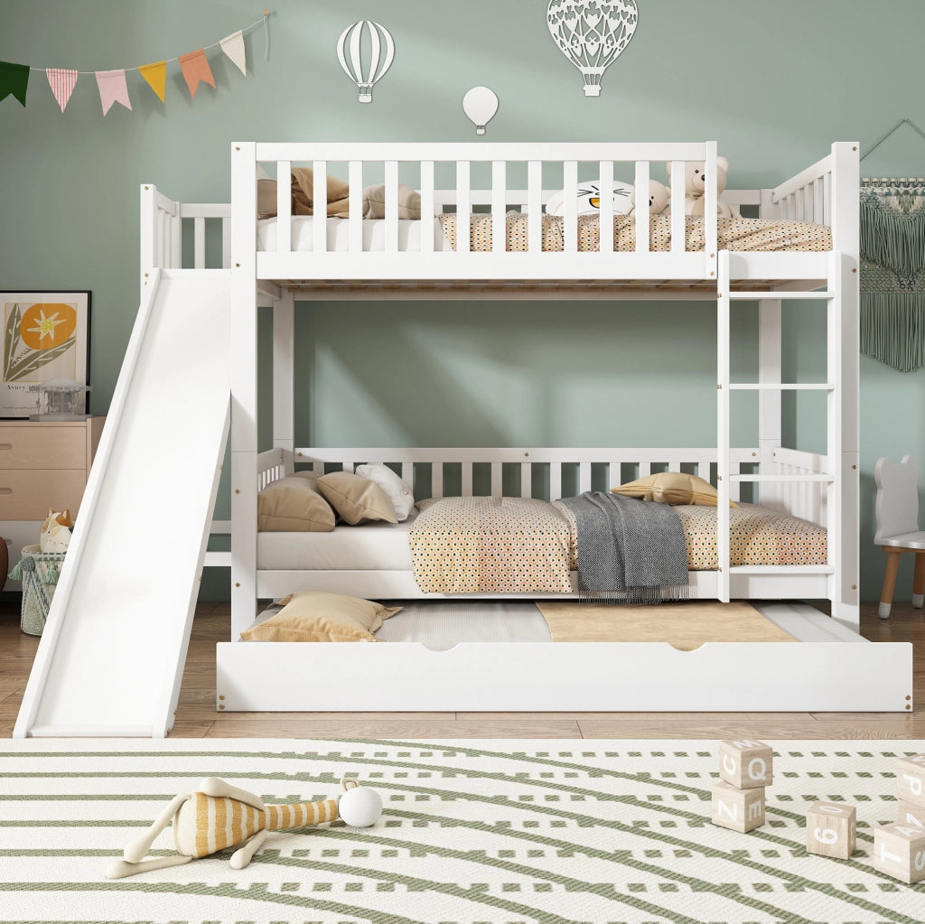 Letto a castello 90x200 cm con letto estraibile e rutsche in legno e MDF bianco