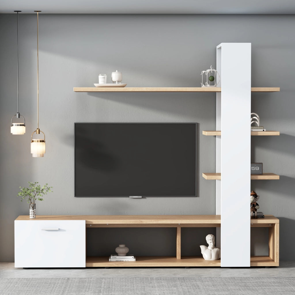 Mobile TV- sospeso- bianco/rovere- 180x33.5x151.5 cm- per TV 60"