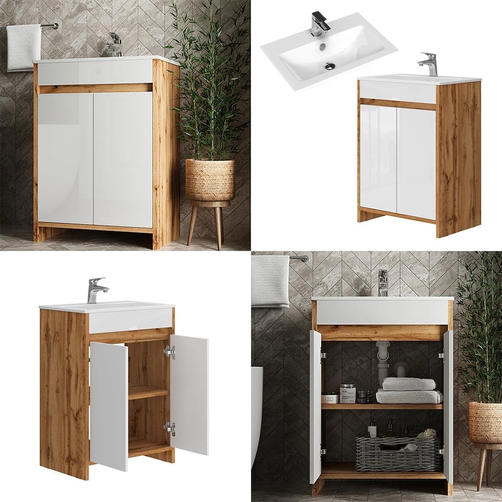 Mobiletto Lemgo, Quercia dorata, 2 parti, composto da mobile sottolavabo e lavabo