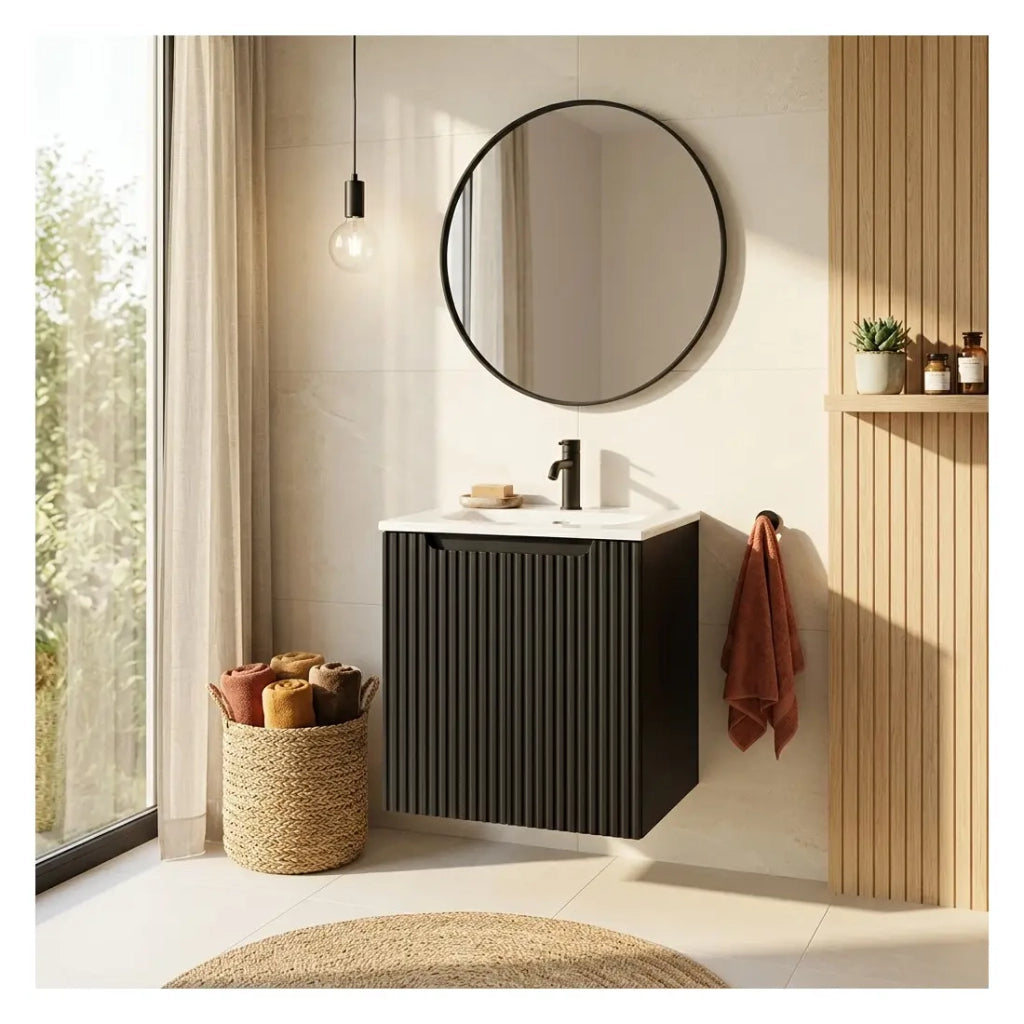 Set da bagno VANO 50cm: mobile sottolavabo con ante scanalate verticalmente + lavabo incassato bianco