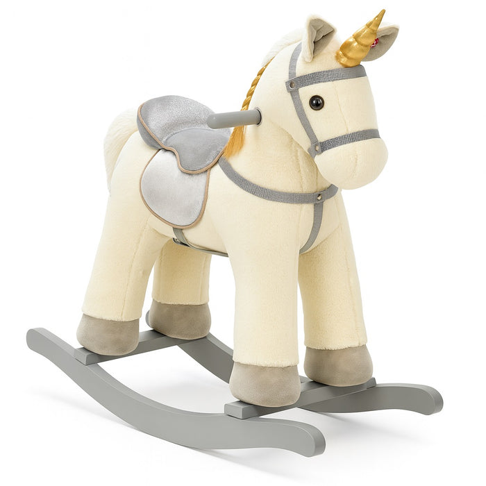 Cavallo a Dondolo Unicorno Beige in Peluche con Suoni Realistici Base in legno 3+