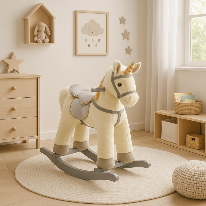 Cavallo a Dondolo Unicorno Beige in Peluche con Suoni Realistici Base in legno 3+