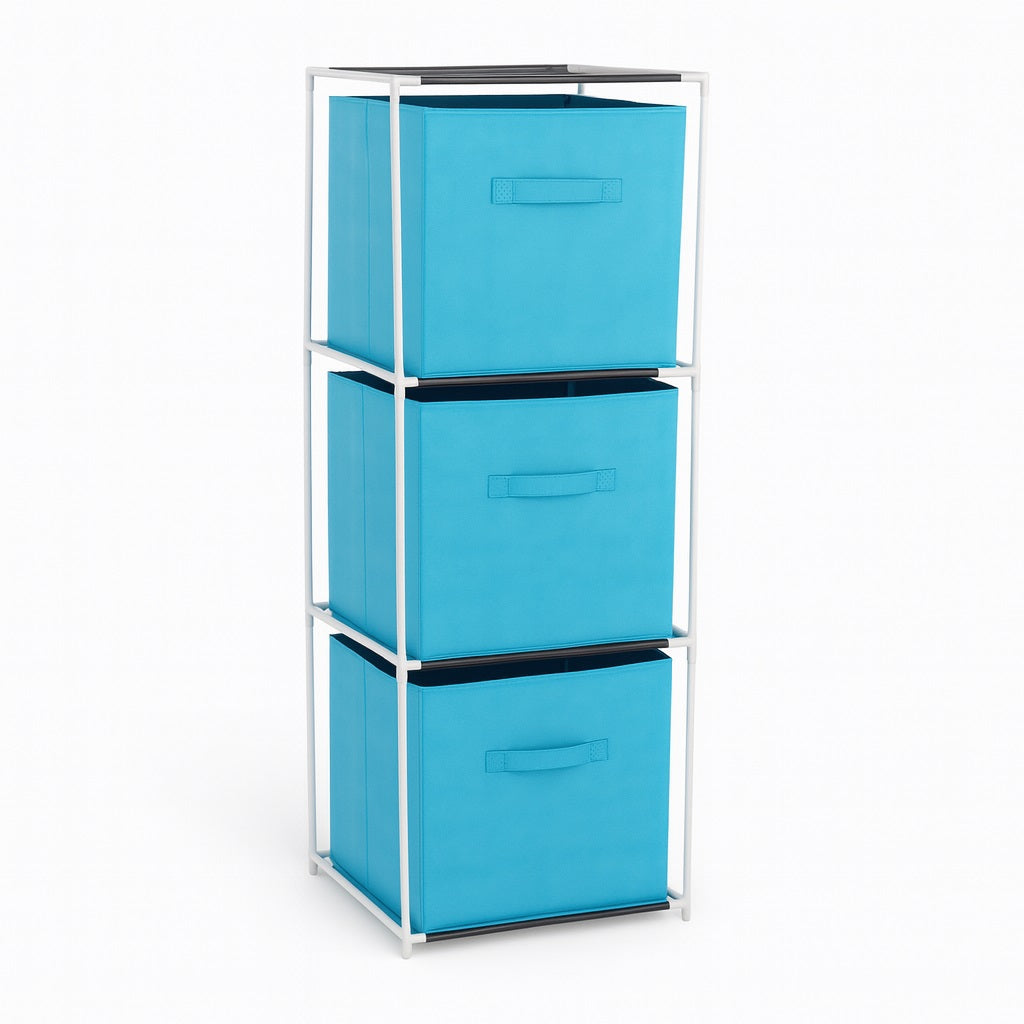 Cassettiera Multiuso in Metallo 3Cassetti in Stoffa 35x35 H 102cm Celeste Salvaspazio