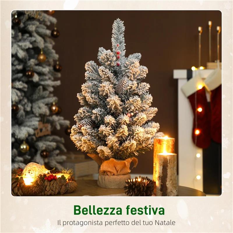 ALBERO DI NATALE PICCOLO ALTO 60 CM CON 72 RAMI INNEVATI, PIGNE E BACCHE ROSSE, VERDE