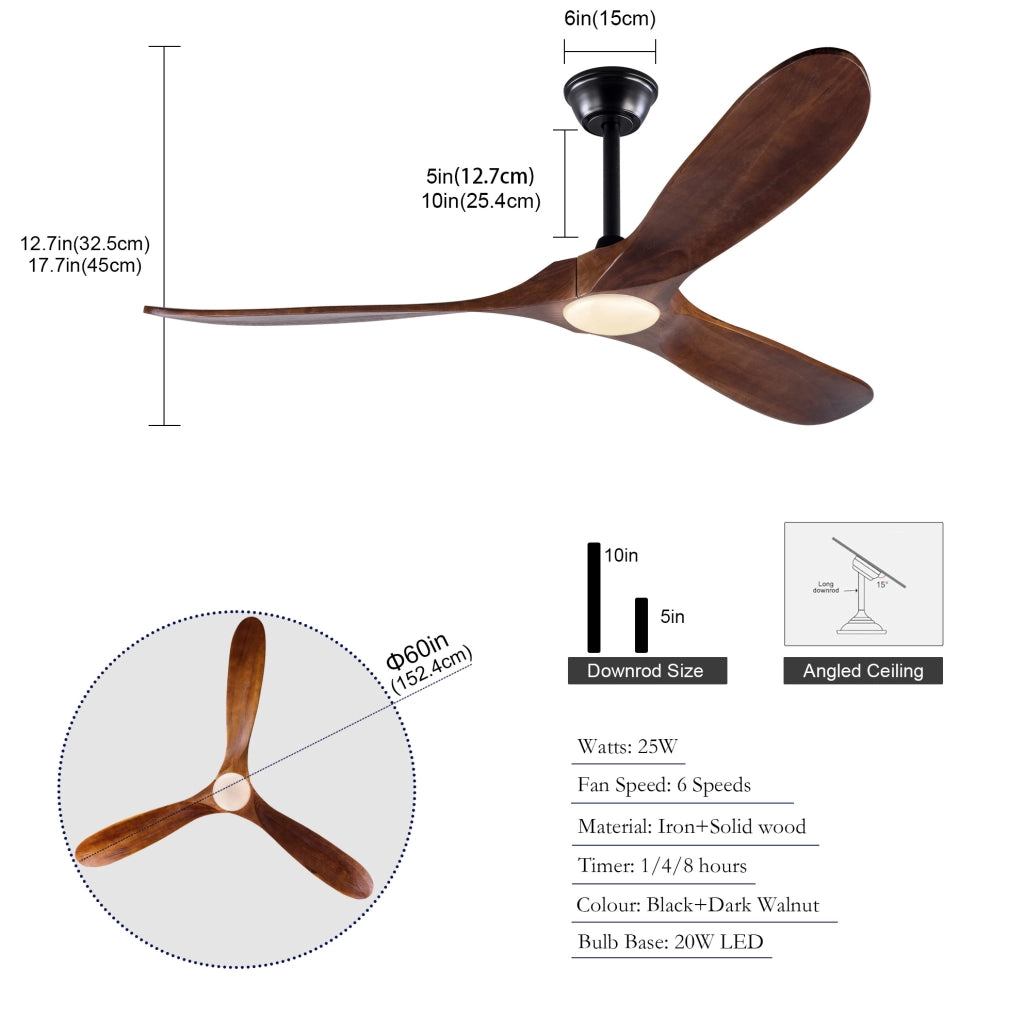 VENTILATORE A SOFFITTO LED 152,4 cm Legno massello Noce scuro Nero