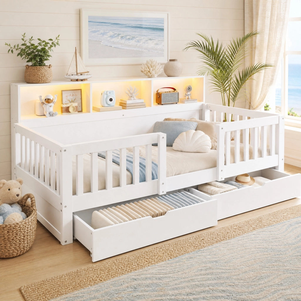 Letto per bambini 90x200 cm con sponda di sicurezza, 2 cassetti, ripiani integrati e LED, bianco
