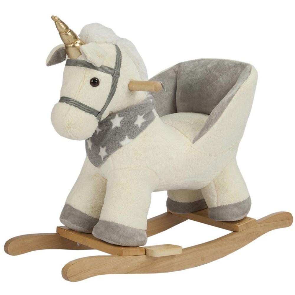 Unicorno Dondolo Cavalcabile Peluche Cavallo con Suoni Cintura Sicurezza Gioco Legno