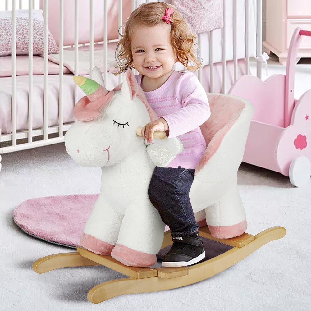 Unicorno Dondolo Cavalcabile Peluche Cavallo con Suoni Cintura Sicurezza Gioco Legno