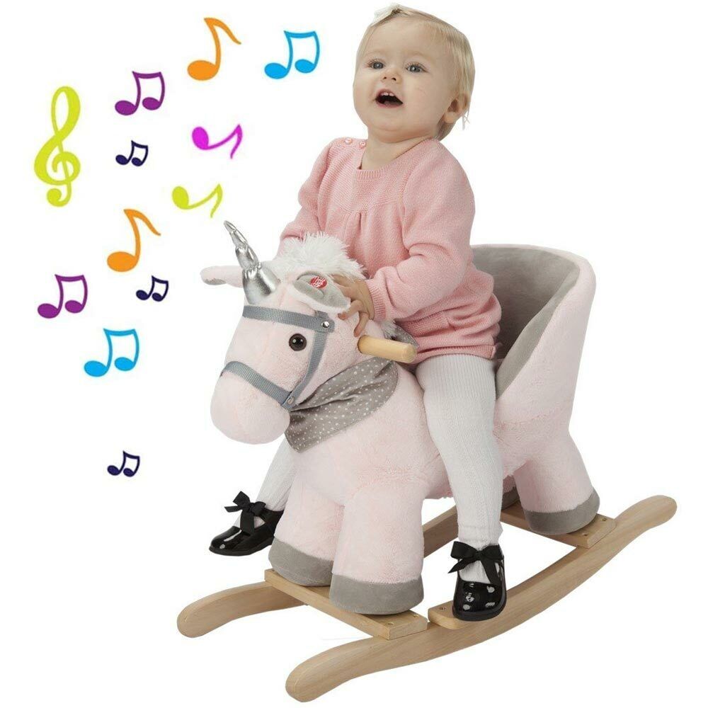 Unicorno Dondolo Cavalcabile Peluche Cavallo con Suoni Cintura Sicurezza Gioco Legno