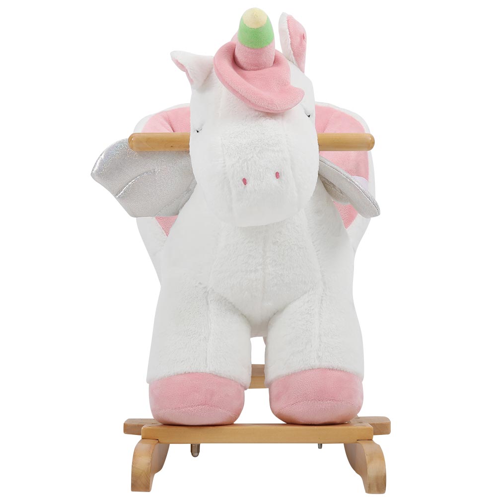 Unicorno Dondolo Cavalcabile Peluche Cavallo con Suoni Cintura Sicurezza Gioco Legno