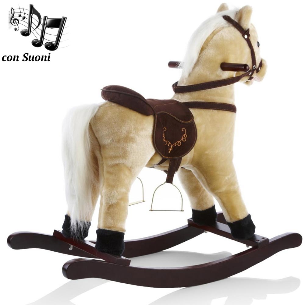 Cavallo a Dondolo in Peluche con Suoni Realistici Base in legno 3+ Giochi Infanzia