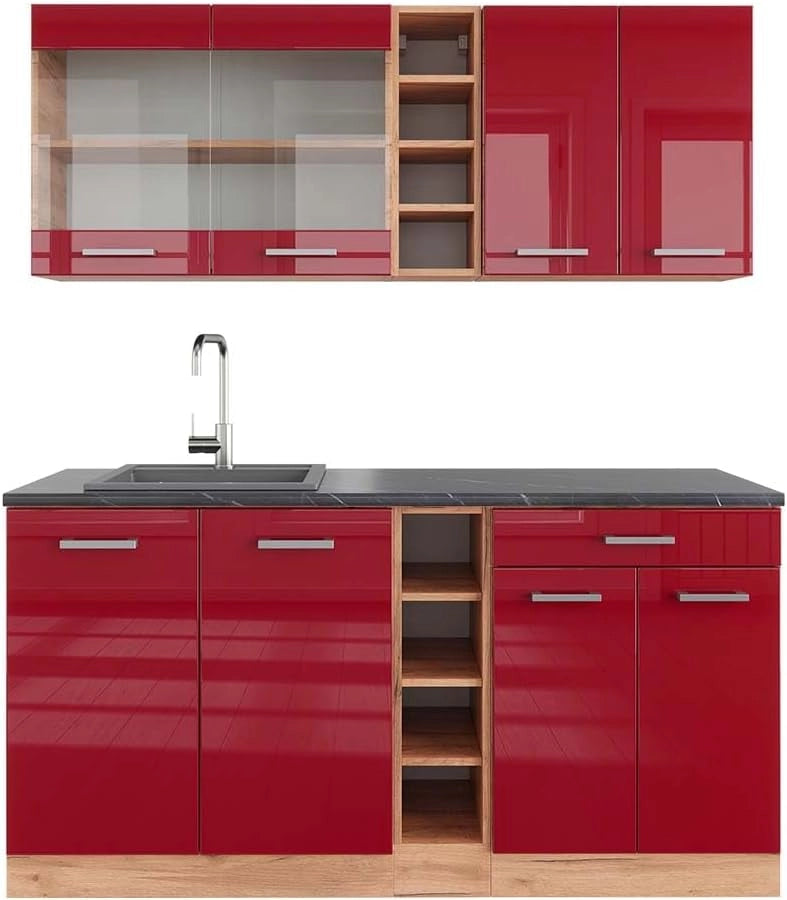 Cucina completa R-Line, Rosso lucido/rovere dorato, 160 cm, PL Antracite, adatto per combinazioni ed espansioni personalizzate