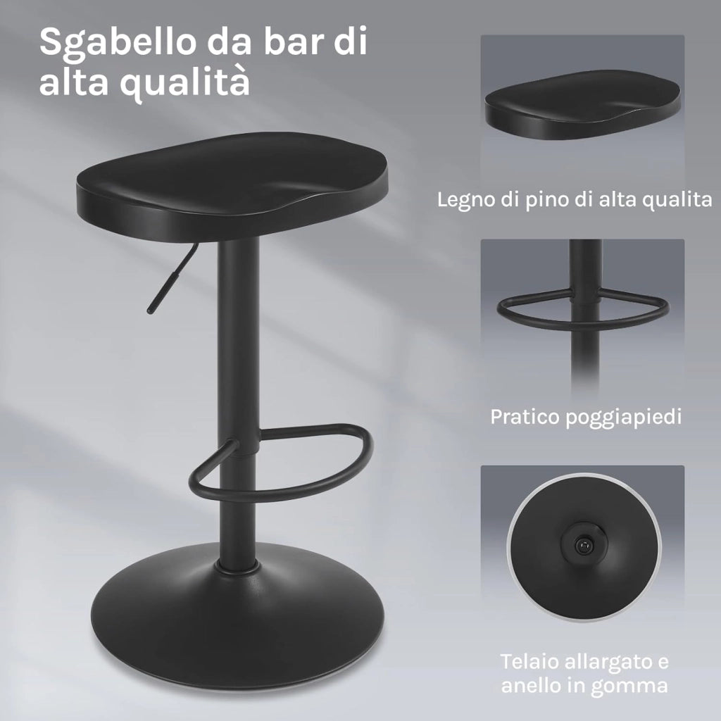 Sgabelli da Cucina Set di 2, Sgabelli da Bar per Colazione in Legno Massiccio, Sgabelli da Bar a Sella, Altezza Regolabile, Sgabelli Girevoli a 360° con Poggiapiedi, Nero, BH413sz-2