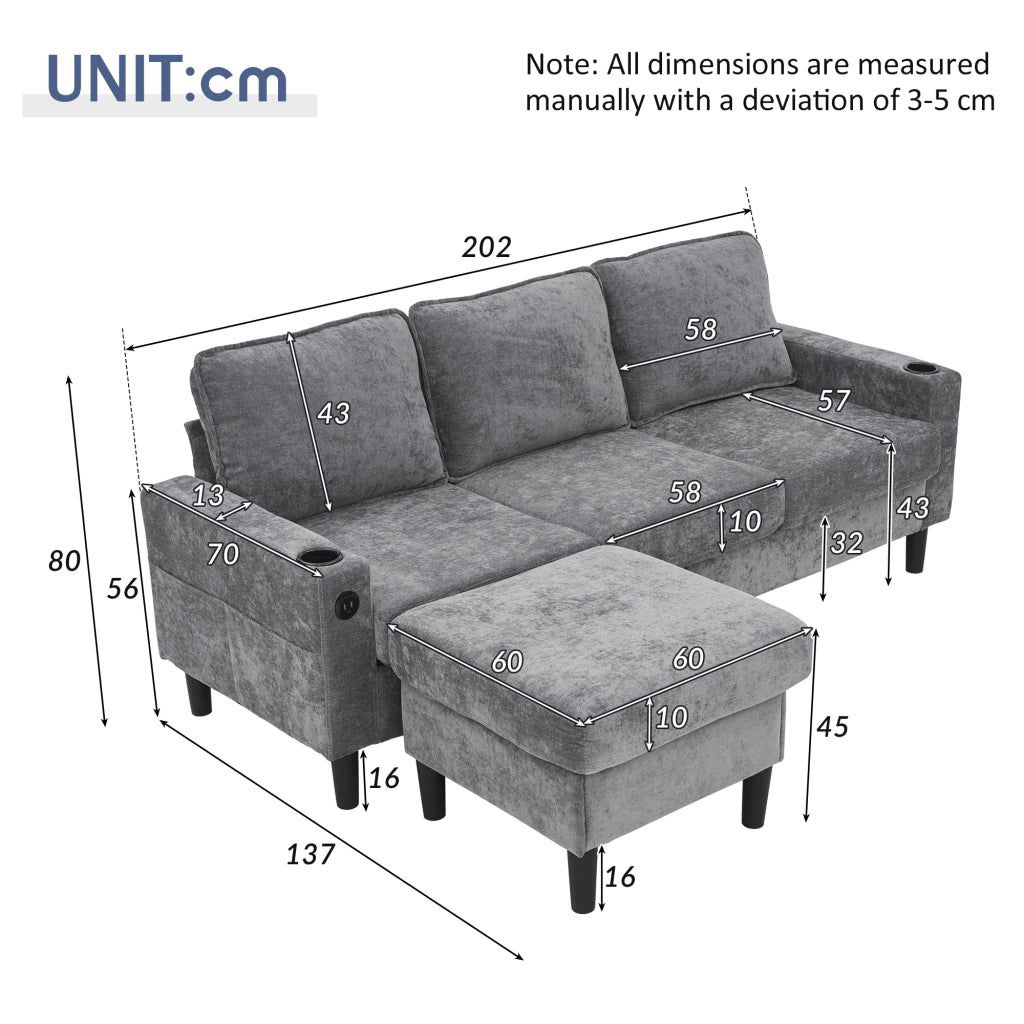 Divano Angolare 3 Posti con USB e USB-C, Portabicchieri e Tasche Laterali, in Lino Grigio 202 × 137 × 80 cm