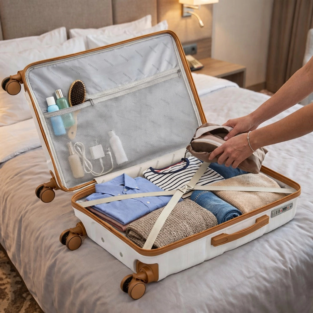 Set 4 Valigie Trolley da Viaggio con Beauty Rivestimento Rigido e Maniglia Telescopica in Polipropilene Bianco Perla