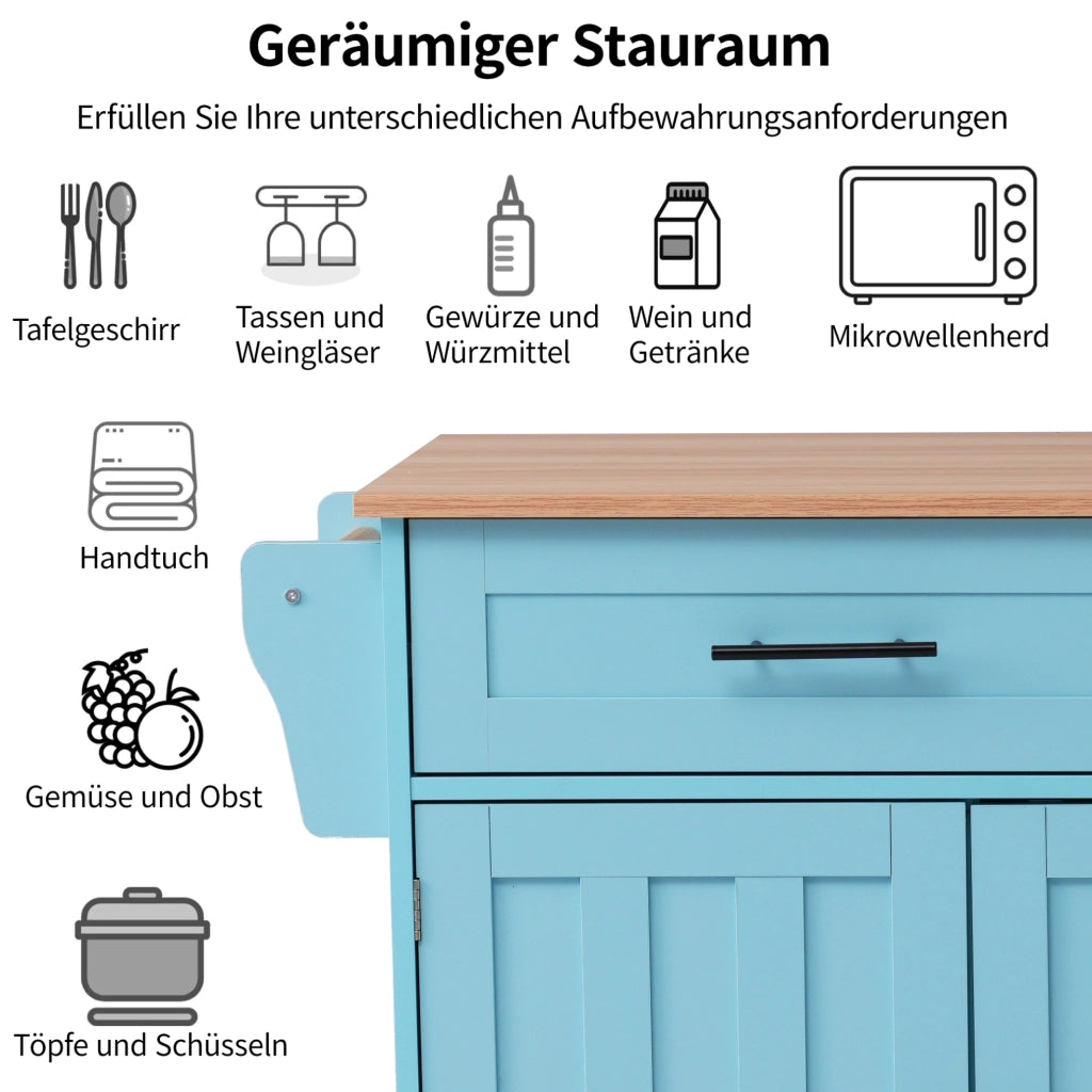 Carrello da cucina pieghevole blu con piano estensibile