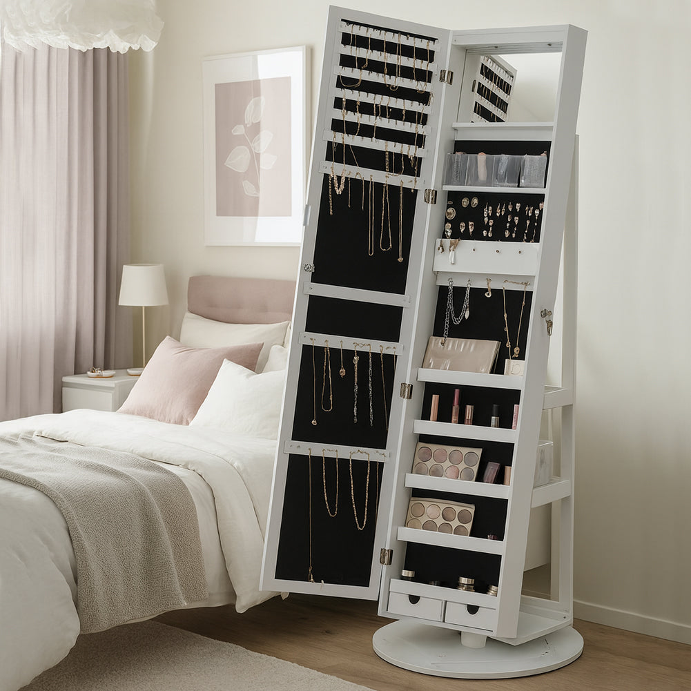 Specchiera Portagioie Bianco Armadietto Portagioielli Anta Apribile 37x159.5cm