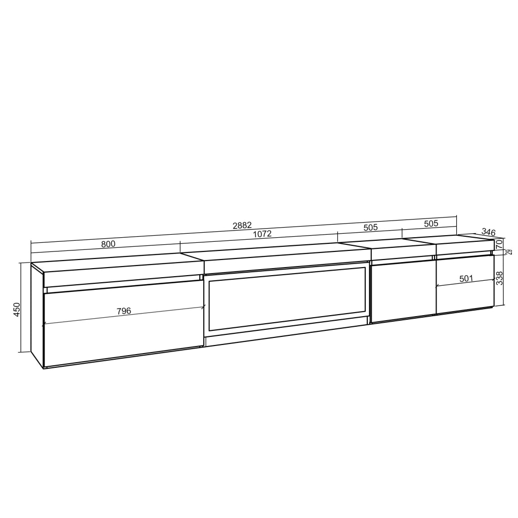 Mobile TV Soggiorno, 288x35x45cm, TV di grande formato, Camino elettrico XXL, da appendere, colore Rovere RF3621