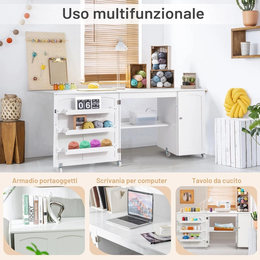 Tavolo Pieghevole da Cucito, Tavolo Versatile a Ribalta con Superficie Ampia, Scrivania per Computer con Ruote Bloccabili, Ideale per Salone Camera da Letto Studio (Bianco)