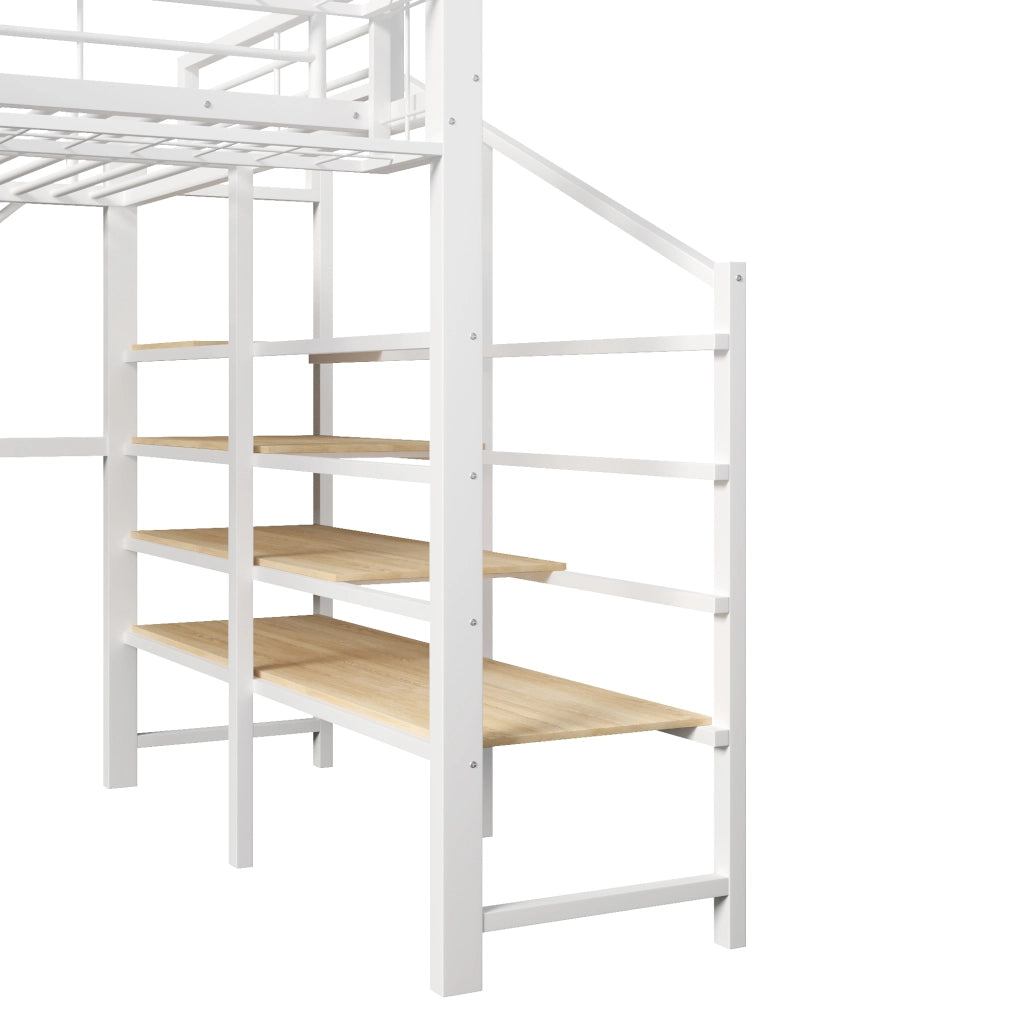 Letto a soppalco matrimoniale 140×200 cm con LED; scaletta con ripiani; senza materasso; bianco
