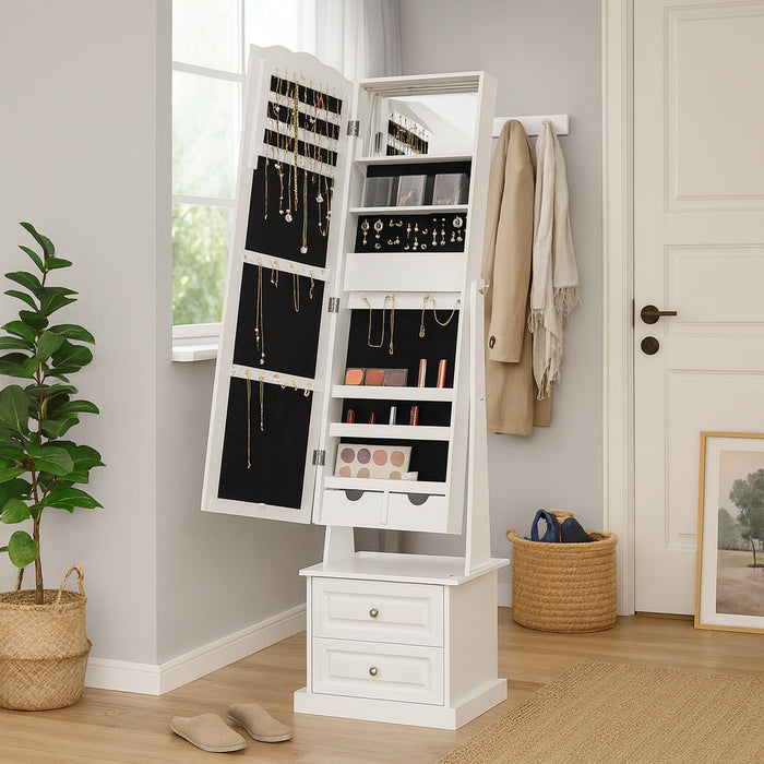 Specchiera Portagioie Armadio Bianco Apribile 2 Cassetti Organizer 44x35x163 cm