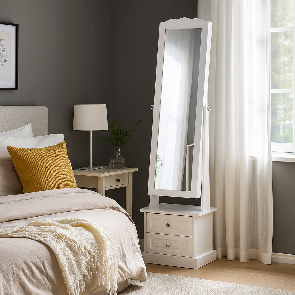 Specchiera Portagioie Armadio Bianco Apribile 2 Cassetti Organizer 44x35x163 cm