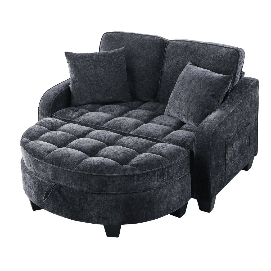 Divano letto convertibile con pouf contenitore e chaise longue; in tessuto; legno di eucalipto; nero; 132 Ã— 129 Ã— 93 cm