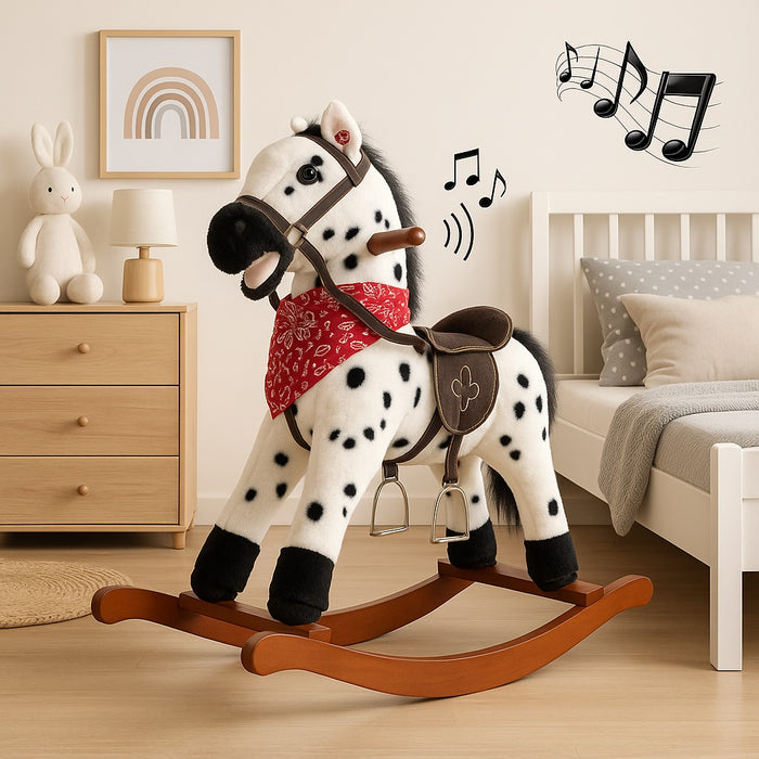 Cavallo a Dondolo in Peluche con Suoni Realistici Base in legno 3+ Giochi Infanzia