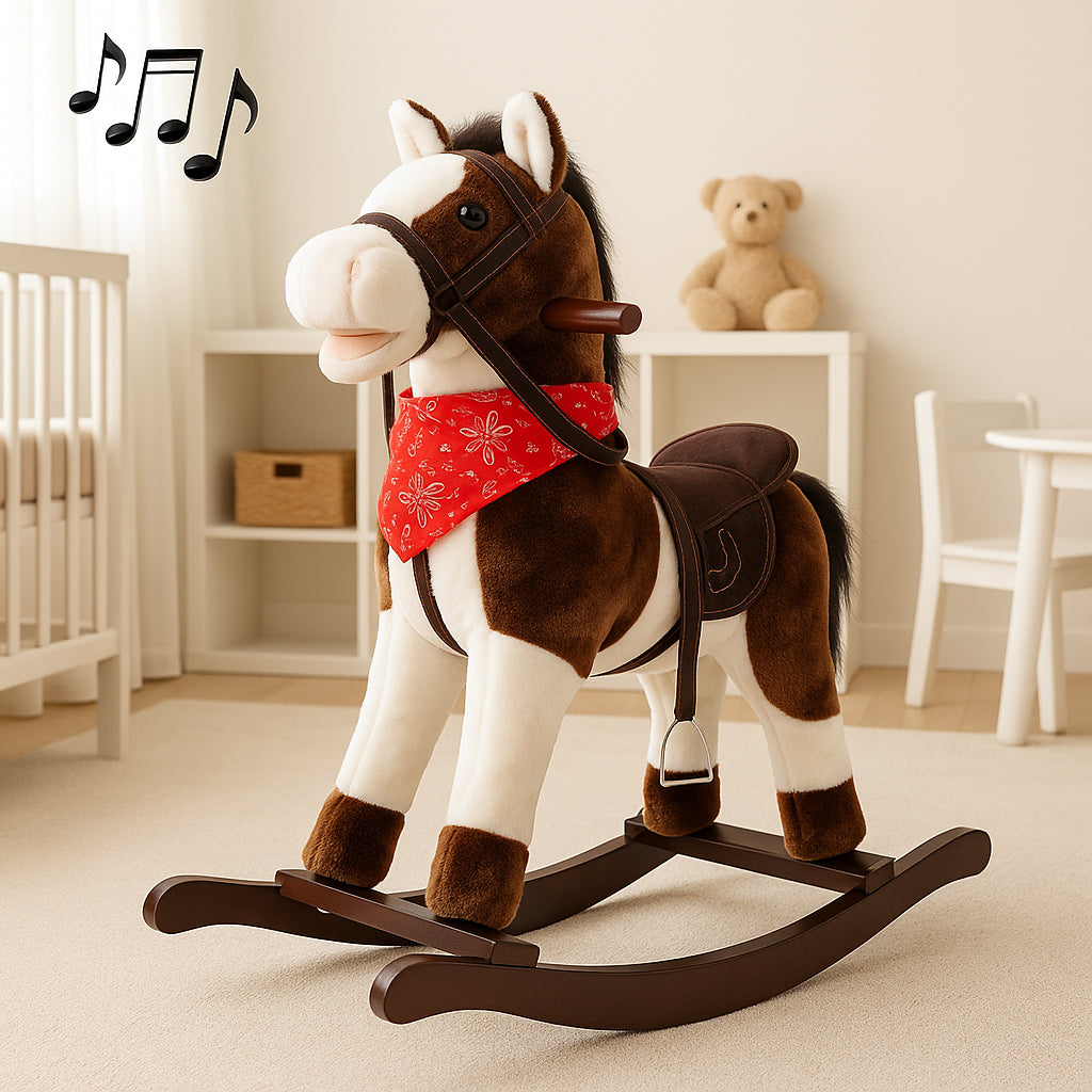 Cavallo a Dondolo in Peluche con Suoni Realistici Base in legno 3+ Giochi Infanzia