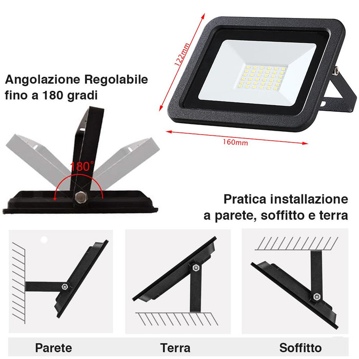 Faro LED 30W 2550LM IP65 Faretto Esterno Slim Luce Bianco Freddo 6500K Alta Luminosità