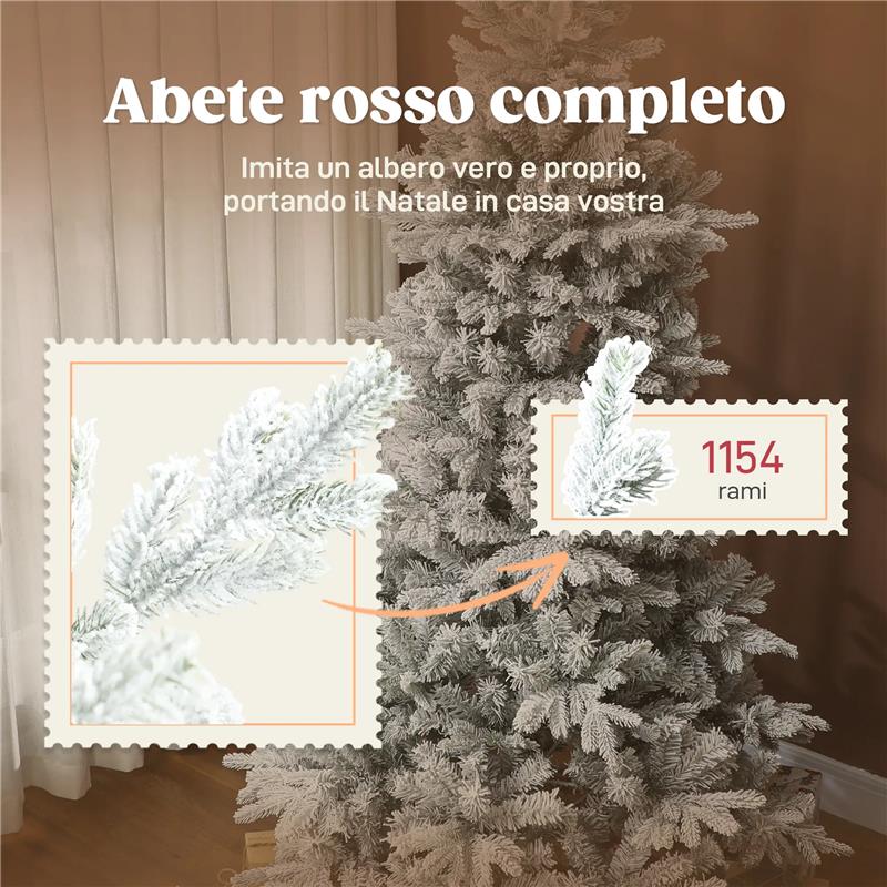 ALBERO DI NATALE INNEVATO ALTO 210 CM CON RAMI REALISTICI E BASE IN METALLO PIEGHEVOLE